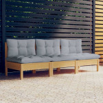 Trivietė sodo sofa su pilkomis pagalvėlėmis, pušies masyvas