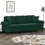 Trivietė sofa su pagalvėlėmis, tamsiai žalia, 180cm, aksomas
