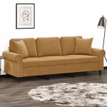 Trivietė sofa su pagalvėlėmis, rudos spalvos, 180cm, aksomas