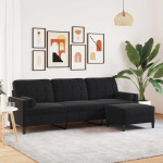 Trivietė sofa su pakoja, juodos spalvos, 210cm, aksomas