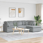 Modulinė sofa su pakoja ir pagalvėlėmis, audinys, šviesiai pilka