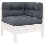 Kampinė sodo sofa su pagalvėlėmis, balta, pušies masyvas
