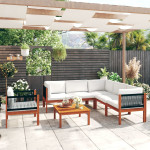 7 dalių sodo poilsio baldų komplektas su pagalvėlėmis, kreminės spalvos, akacijos mediena ir virvė