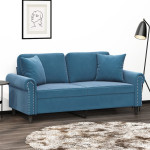 Dvivietė sofa su pagalvėlėmis, mėlynos spalvos, 140cm, aksomas