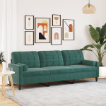 Trivietė sofa su pagalvėlėmis, tamsiai žalia, 210cm, aksomas