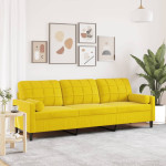 Trivietė sofa su pagalvėlėmis, geltonos spalvos, 210cm, aksomas