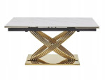 Hermes II ištraukiamas keraminis valgomojo stalas 160–240 x 90 cm – balto marmuro efektas ir auksinė koja