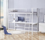 DOLCE Dviaukštė lova su stalu ir organizatoriumi, balta – vietą taupanti metalinė palėpės lova 90x200 cm čiužiniui