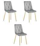 Kėdė LIBRA – 3 šviesiai pilkų aksominių kėdžių su auksinėmis kojelėmis komplektas